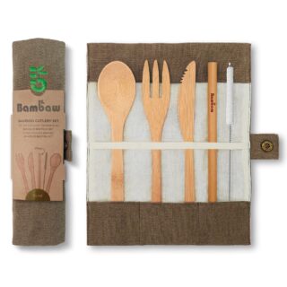 Bambaw, zestaw sztućców z organicznego bambusa, poręczna bawełniana pochewka, zero waste, Olive